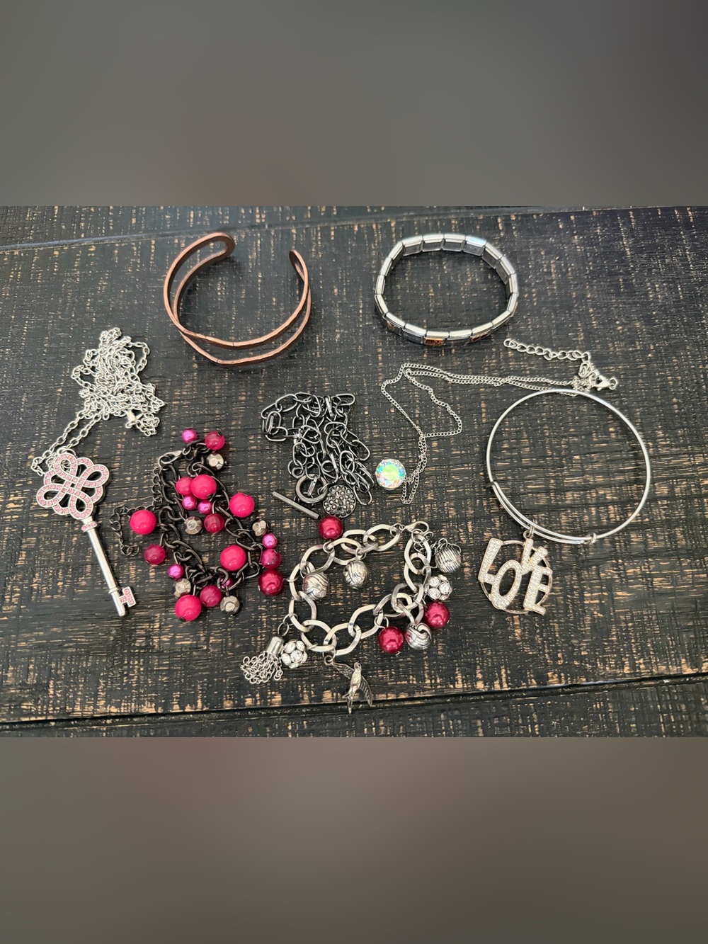 Silver Charm Bracelet with Pink Beads